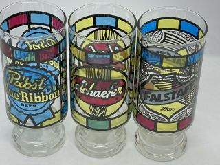 3 Vintage Beer Glasses Schaefer Falstaff Pabst Blue Ribbon Stained Glasses 70’s