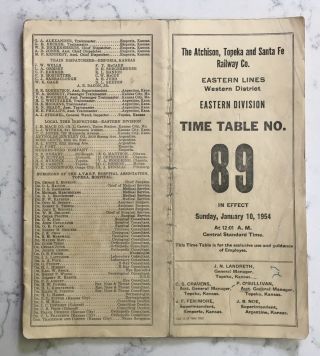 Vintage Railroad Employee Timetable Atchison Topeka & Santa Fe Rr Tt 1954 89