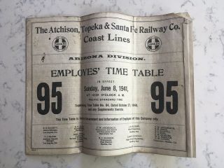 Vintage Railroad Employee Timetable Atchison Topeka & Santa Fe Rr Arizona 1941