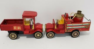Set Of 2 Vintage Tin Friction Toy Fire Trucks Made In Japan