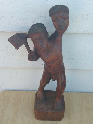 Vintage Hand Carved Wooden Tribal Head Hunter Statue With Axe