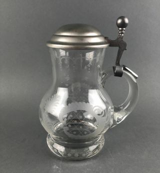 Vintage Rein Zinn German Bird Etched Glass Beer Stein Pewter Lid