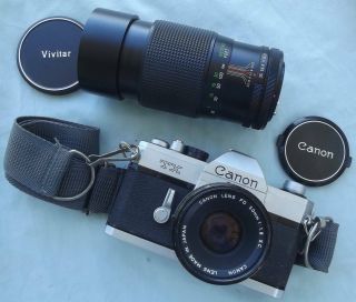 Vintage Canon Tx 35mm Film Camera 50mm 1.  8 Fd Sc & Vititar 200mm Telephoto Lens