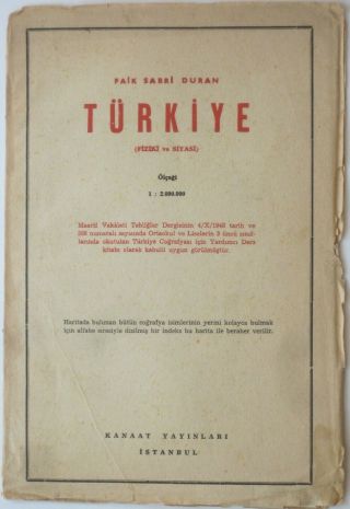 1948 Faik Sabri Duran Map Turkey Cyprus Ankara Istanbul Adana Izmir Antalya Ordu