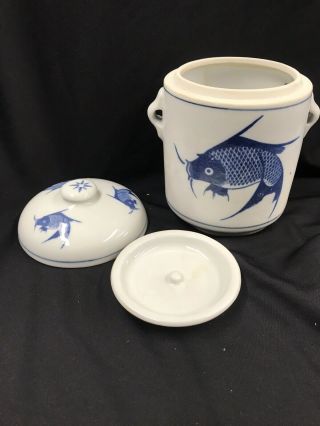 Vintage China Blue And White Porcelain Koi Fish Ginger/tea/ Tobacco Jar W/lid 6 "