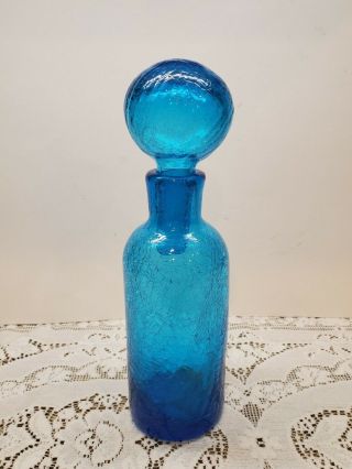 Vintage Mid Century Aqua Blue Crackle Glass Decanter - Blenko?