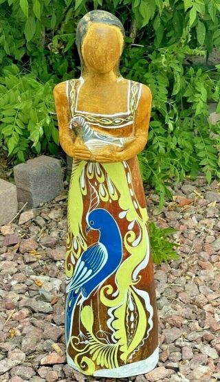 Mexican Pottery Clay Folk Art Woman Girl Figure With Bird X Large 24 "