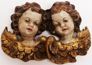 Vintage Hand Carved Painted Wood Double Cherub Angel Head Anri Wall Hanging