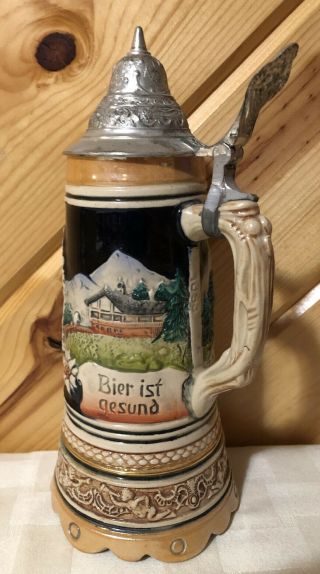Vintage German Dbgm Pewter Lidded Beer Stein Swiss Music Box " Bier Ist Gesund "