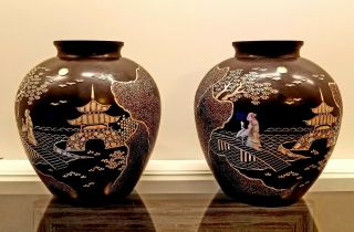 (2) Vintage Asian Black Lacquer Vases,  Mother Of Pearl Inlay Pagoda Garden Scene