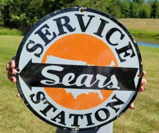 Vintage Old Sears Service Station Gas Oil Porcelain Enamel Gas Station Pump Sign