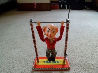 Vintage Ohio Art Tin Litho Toe Joe Clown Circus Acrobat Wind Up Flipping Toy