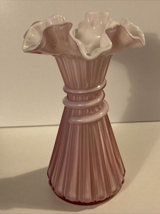 Vintage Fenton Wheat Glass Vase Cranberry Pink Cased White Ruffled Edge 7 1/2 "