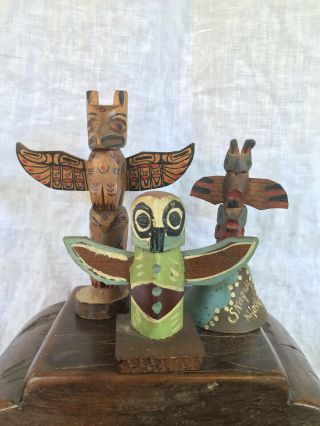 3 Vintage Hand Carved Wood Northwest Coast Native American Indian Totem