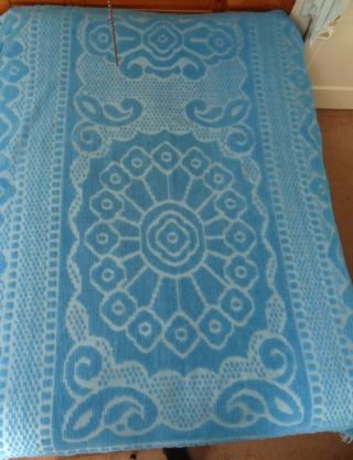 Chenille Vtg Twin 72x104 Bedspread Blue Fringe Blanket Full Hobnail Paisley Chic