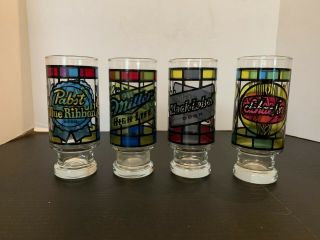 4 Vintage Stained Glass Style Beer Glass Black Label Pabst Miller Shaffer