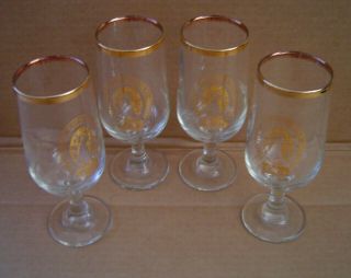 Vintage Coors Beer Stemmed Glass Gold Trim Waterfall Logo Set Of (4) 12 Ounce