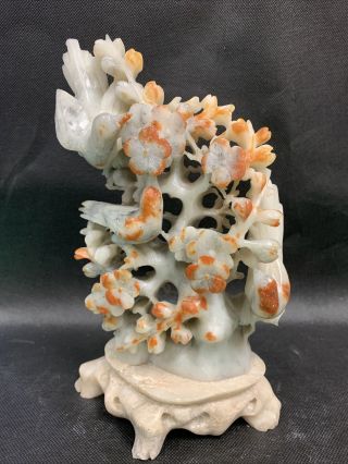 Vtg Chinese Carved Soapstone Scene,  8.  5” Tall,  Lacy Bird Tree Of Life