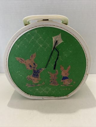 Vintage Green Bunnies Round Doll/child Toy Travel Case Suitcase By Luce