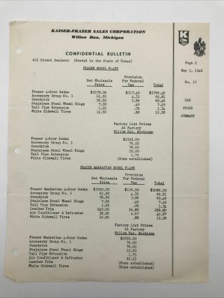 May 1 1948 KAISER - FRAZER SALES CONFIDENTIAL BULLETIN No 17 to ALL DEALERS 3