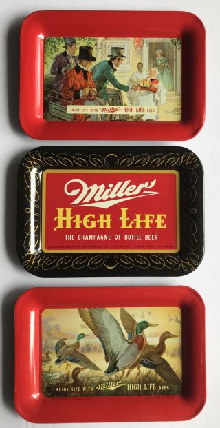 Vintage Set Of 3 Miller High Life Brewing Metal Tip Trays Coaster Beer 1950’s
