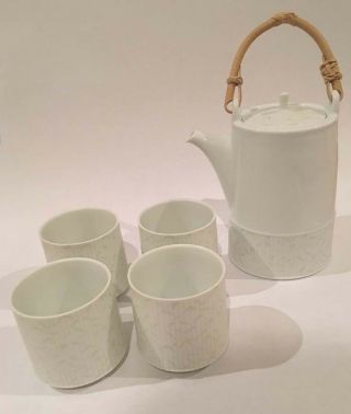 Teavana Fine White Bisque Porcelain Green Bamboo Teapot 4 Cups Set Japan Miyama