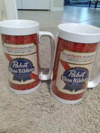 Pabst Blue Ribbon Beer Vintage Thermo Serv Plastic Mug Stein.  (2) 16 Oz Mugs.  A7
