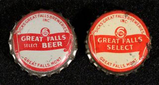 2 Dif.  Great Falls 6 Select Beer Cork Lined Bottle Cap Montana Crown Mont Mt Old