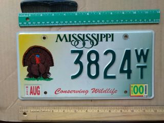 License Plate,  Mississippi,  Conserving Wildlife,  3824 Wt (wildlife Turkey)