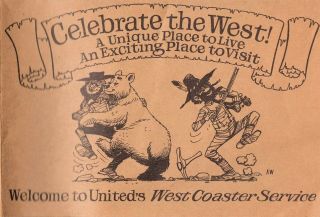 United Airlines " Celebrate The West " West Coast Service Map,  Advertising Folder