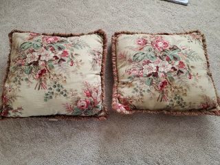 2 Waverly Dark Red & Tan Gold Vintage Rose Fringed Pillows Sofa Bed 22 X 22 "