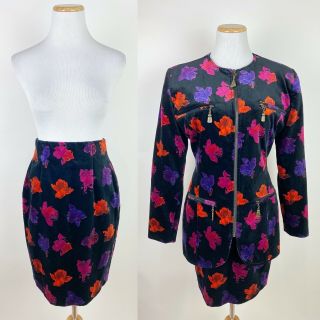 Vtg 90s Emanuel Emanuel Ungaro Black Velvet Skirt Suit Xs Floral Print Blazer