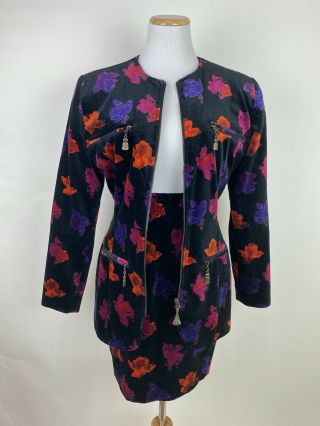 VTG 90s Emanuel EMANUEL UNGARO Black Velvet Skirt Suit XS Floral Print Blazer 2