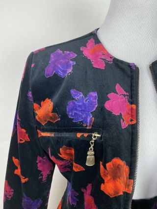 VTG 90s Emanuel EMANUEL UNGARO Black Velvet Skirt Suit XS Floral Print Blazer 3