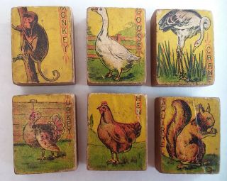 6 Victorian Paper Over Wood Toy Blocks With Animal Picture On Both Sides