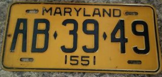 Vintage Maryland Md License Plate Tag 1955