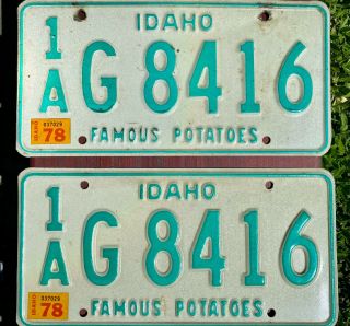 Vintage Idaho License Plate Pair Famous Potatoes 1978 Sticker