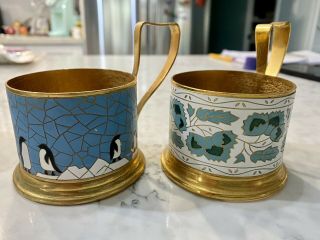 Vintage Enamel USSR Russian Tea Glass Holders Podstakannik Cloisonne Set/4 2