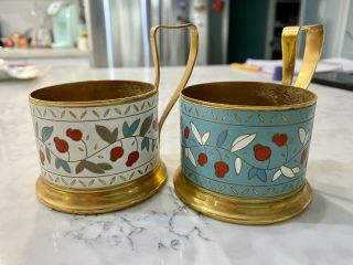 Vintage Enamel USSR Russian Tea Glass Holders Podstakannik Cloisonne Set/4 3