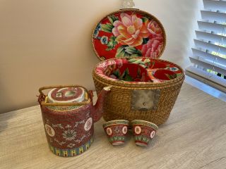 Antique Chinese Porcelain Picnic Tea Set Padded Wicker Basket
