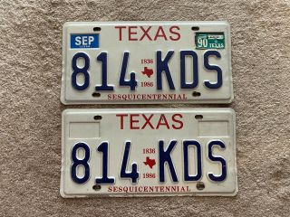 1986 Texas Sesquicentennial License Plate Pair.  1990 Tags