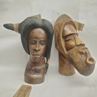 14 " Pair Carved Wood African Bust Heads Tribal Sculpture Couple Africa Art
