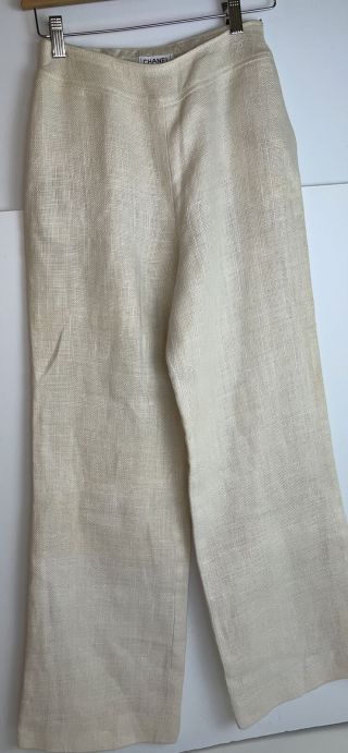 Vintage Chanel Boutique 100 Linen Off White Pants Wide Leg High Rise Size 34