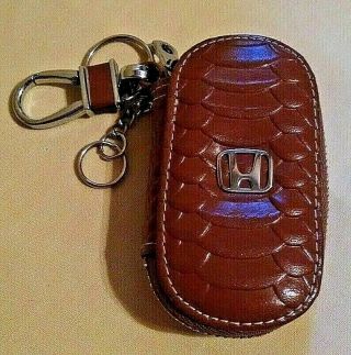 Honda Keychain Leather Case Carabiner Guc Tan Silver Logo 3 Rings Car Keys.