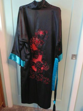 Vtg Black Red Dragon Embroidered Kimono Reversible Robe Smoking Jacket Xl