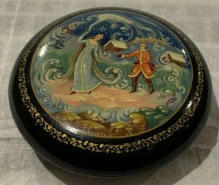 Vintage Black Lacquered Trinket Box Russian Signed 3 1/2 " Diameter 1 " Tall