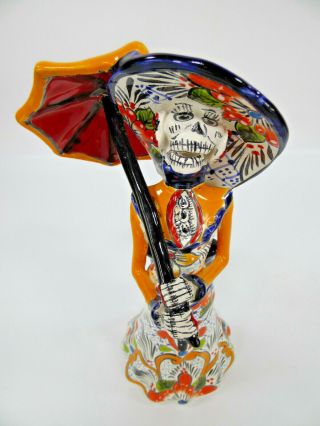 Catrina With Umbrella Mexican Talavera Day Of The Dead,  Colorful Folk Art