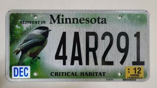 Minnesota Chickadee " Critical Habitat " License Plate 4ar291,  Expired 2012