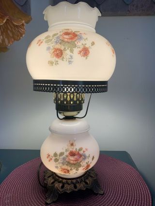 Vintage Milk Glass Hurricane Lamp Accurate Castings Blue Flowers Gwtw