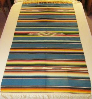 Vintage 77 - Inch Turquoise Mexican Wool Weaving Saltillo Serape Blanket Textile